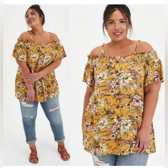 Torrid Crepe Smocked Cold Shoulder Button Up Ruffle Floral  Mustard Top Blouse - Picture 1 of 14